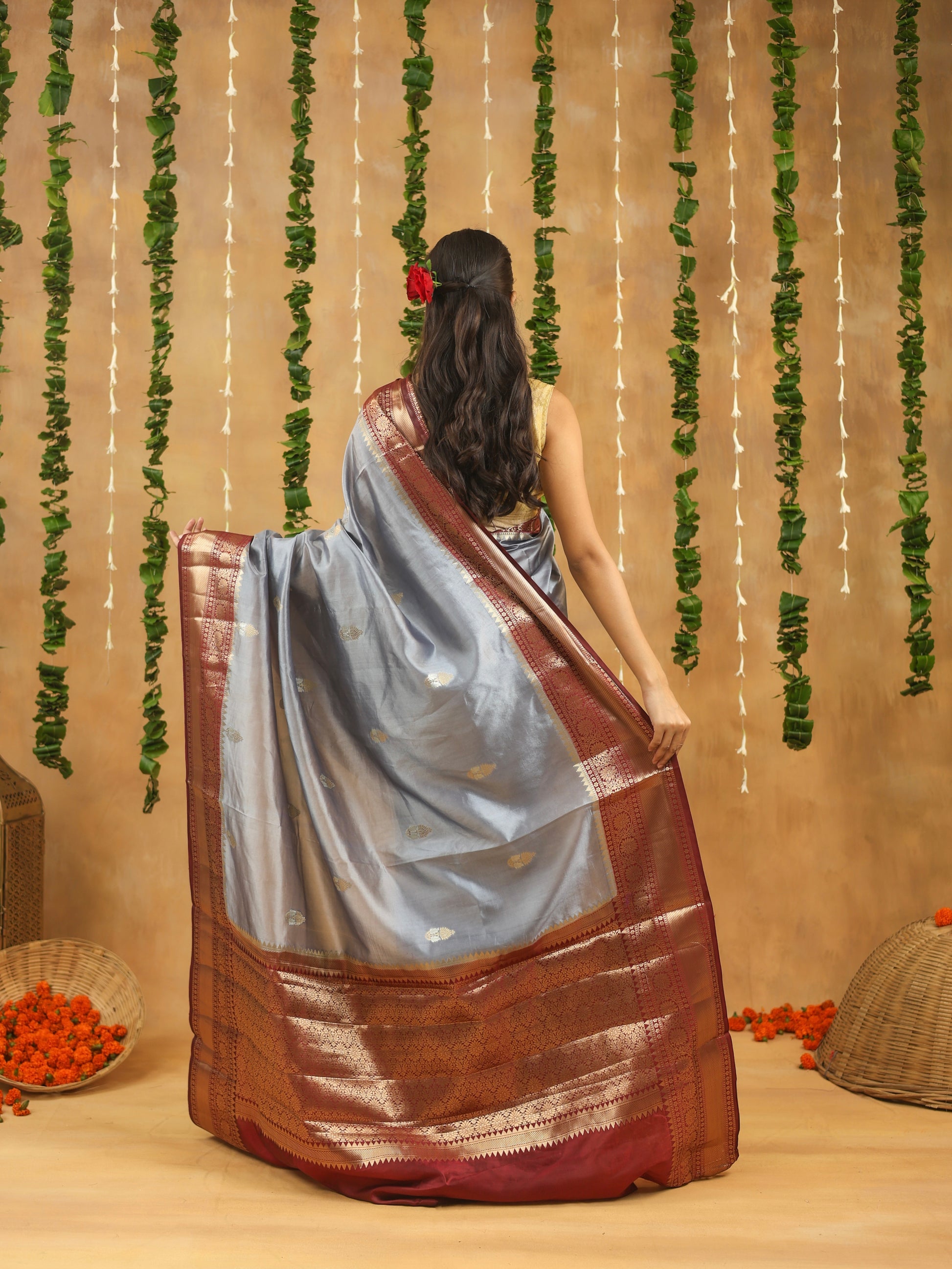 Handwoven Antique Grey Banarasi Raw Mango Silk saree with Antique Wine Zari