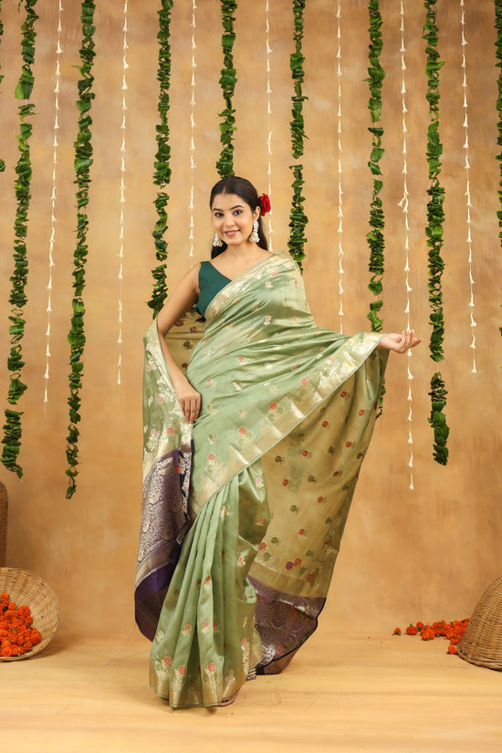 Pastel Green Pure Dupion Silk Saree with Contrasting Silver Zari Border