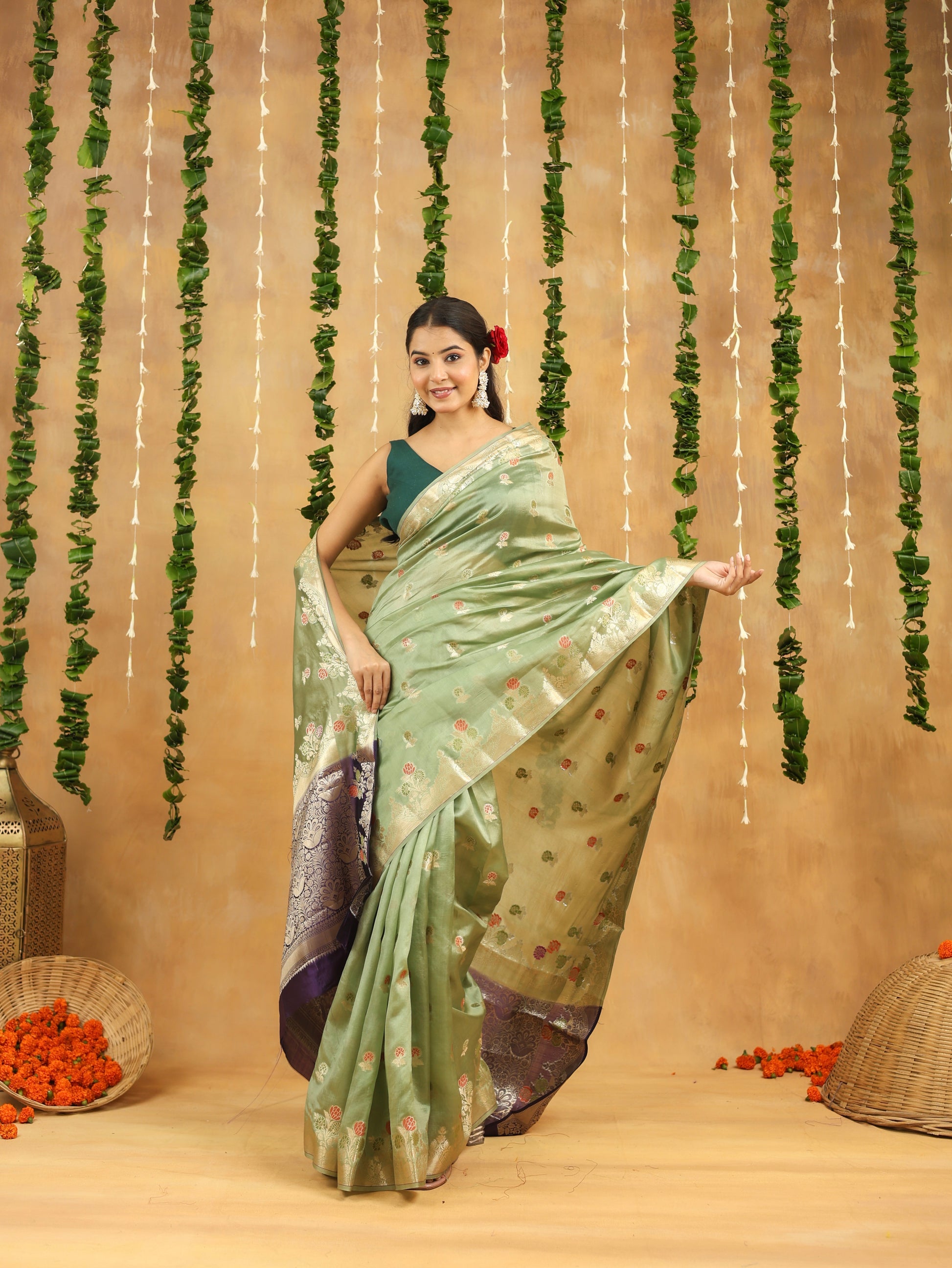 Pastel Green Pure Dupion Silk Saree with Contrasting Silver Zari Border