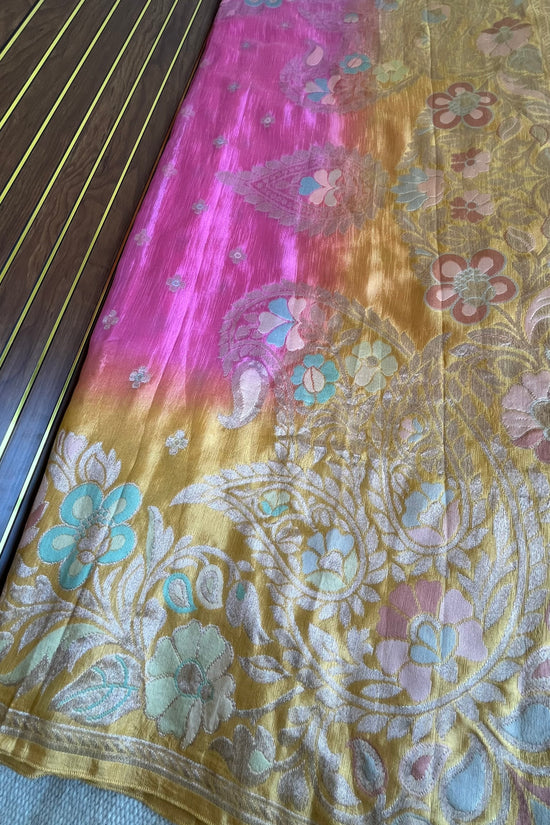 Pink & Sunshine Yellow Ombré Mashru Silk Banarasi Saree