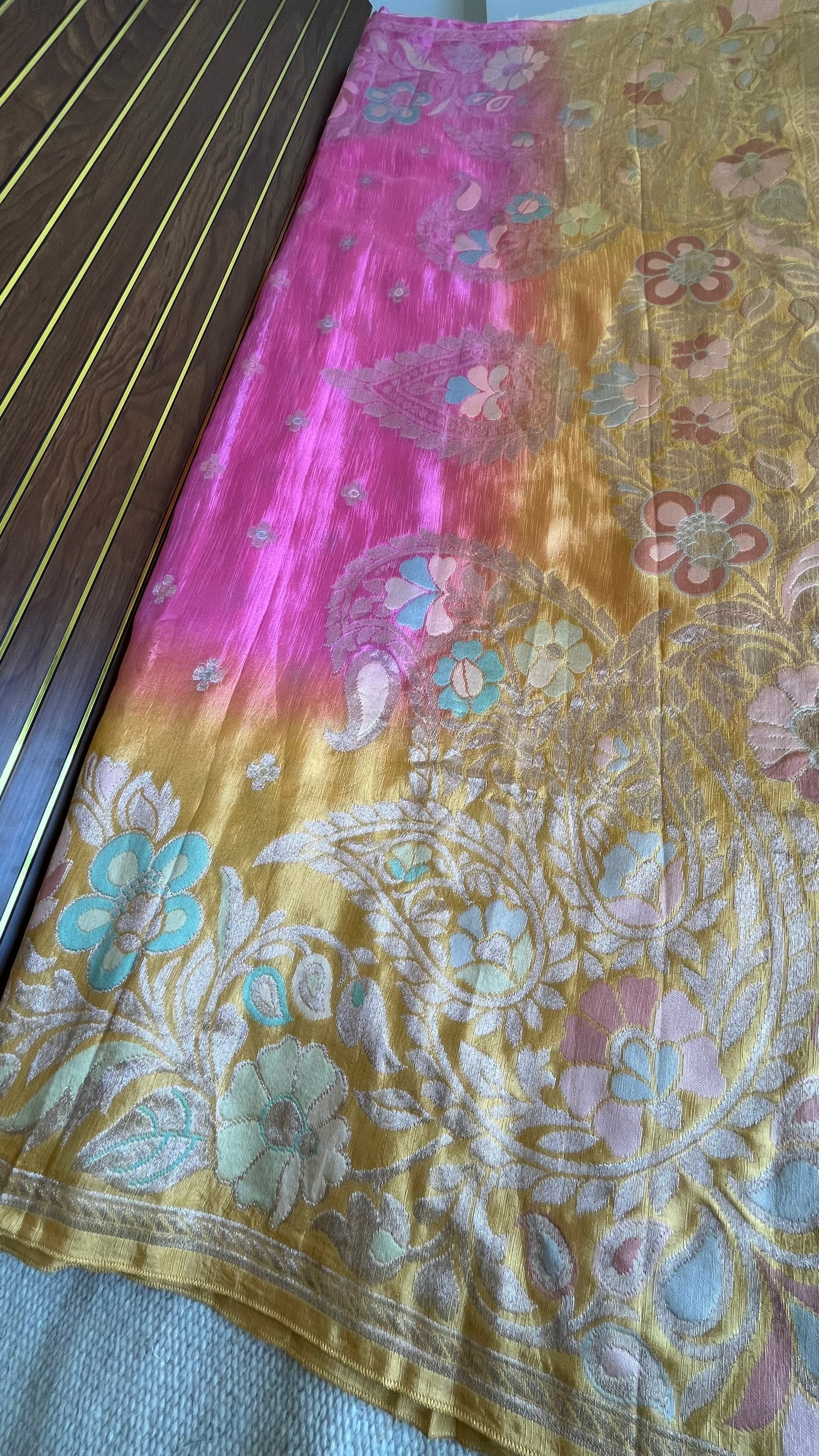 Pink & Sunshine Yellow Ombré Mashru Silk Banarasi Saree