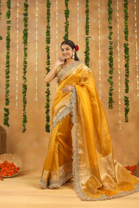 Yellow Banarasi Tissue Silk Saree with Gota Patti Work