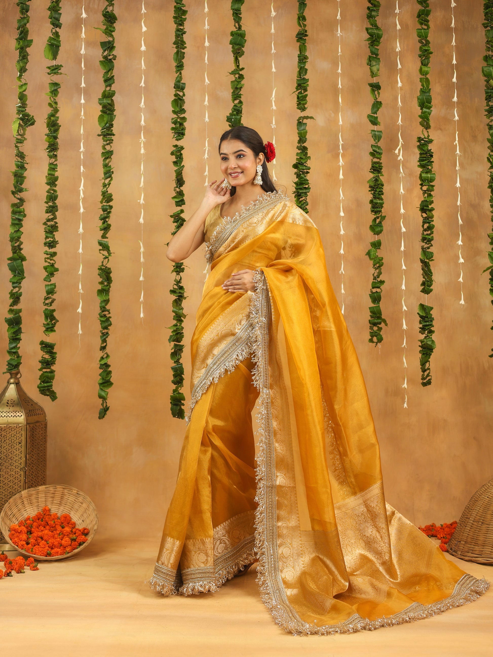 Yellow Banarasi Tissue Silk Saree with Gota Patti Work