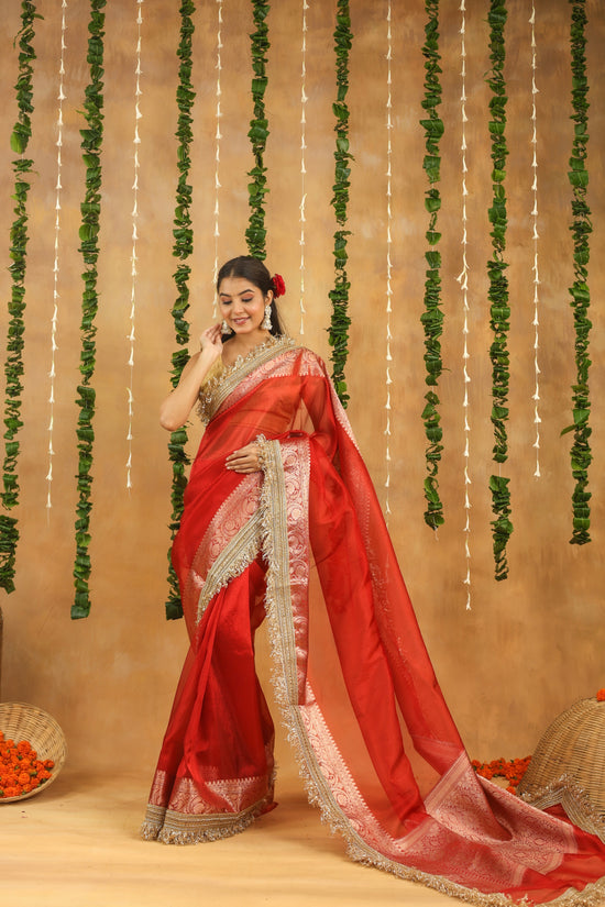 Radiant Red Banarasi Tissue Silk Saree with Intricate Gota Patti Work
