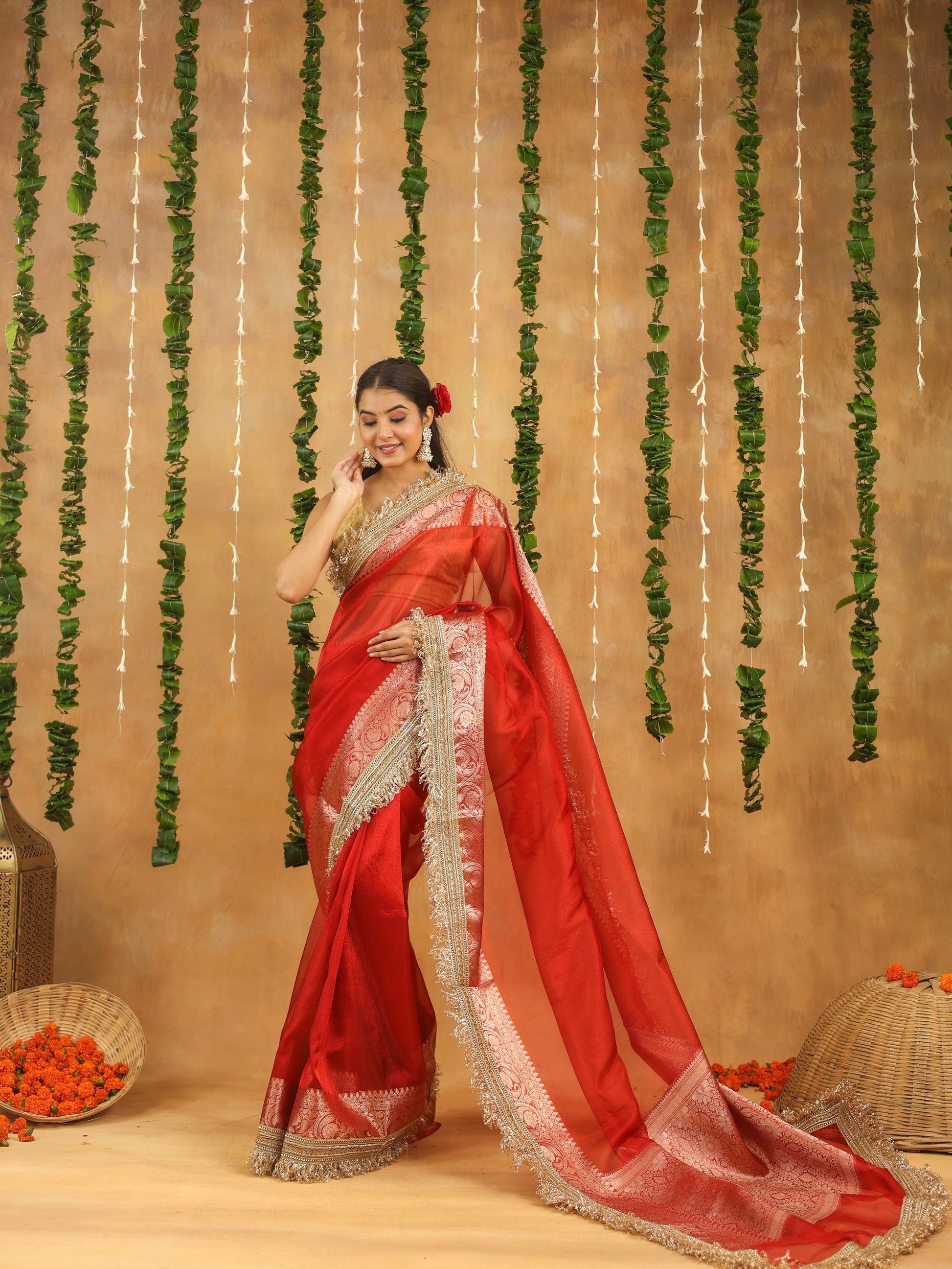 Radiant Red Banarasi Tissue Silk Saree with Intricate Gota Patti Work