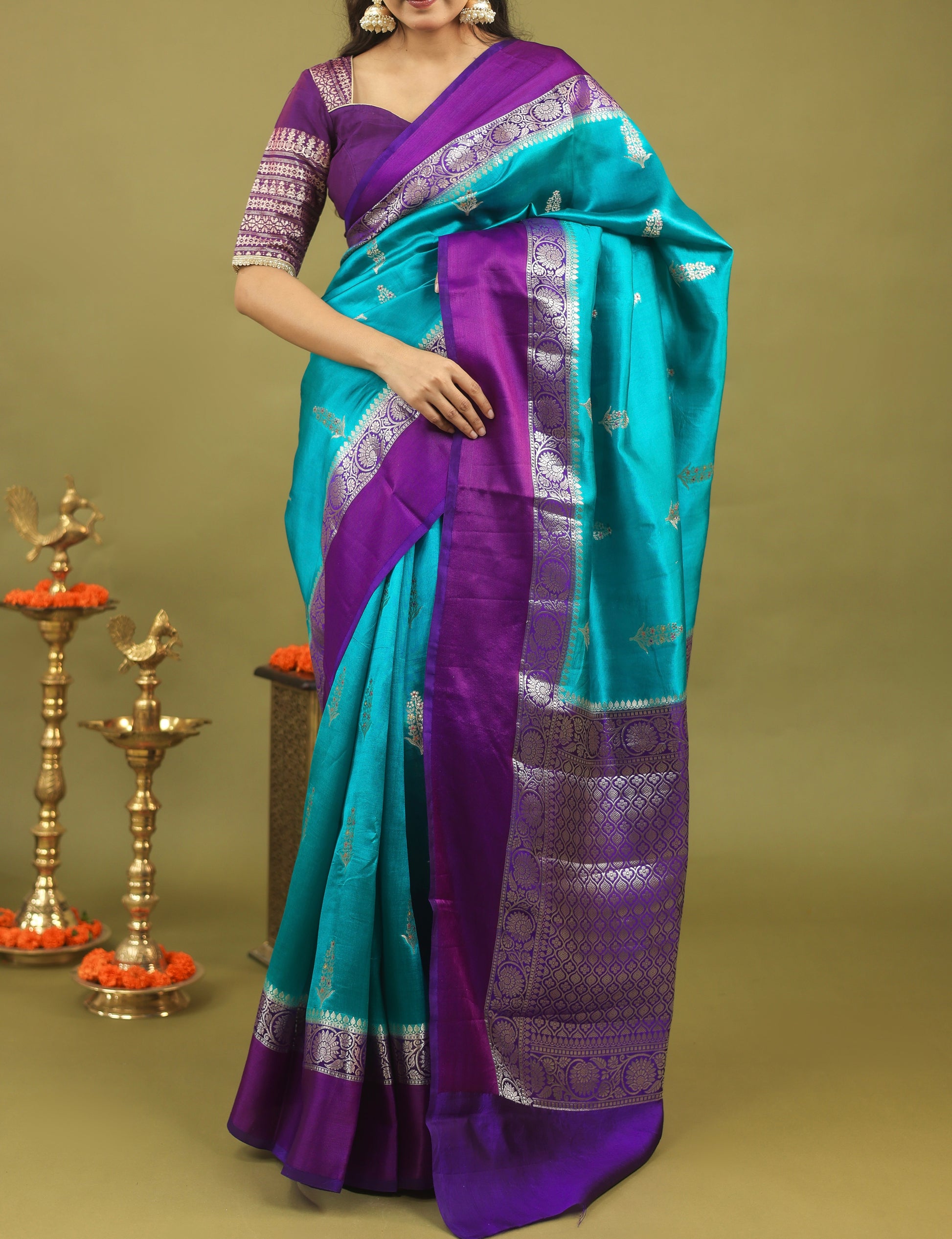 Regal Banarasi Raw Silk Saree in Teal Blue with Royal Purple Border & Silver Zari