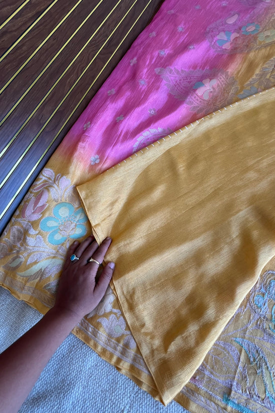 Pink & Sunshine Yellow Ombré Mashru Silk Banarasi Saree