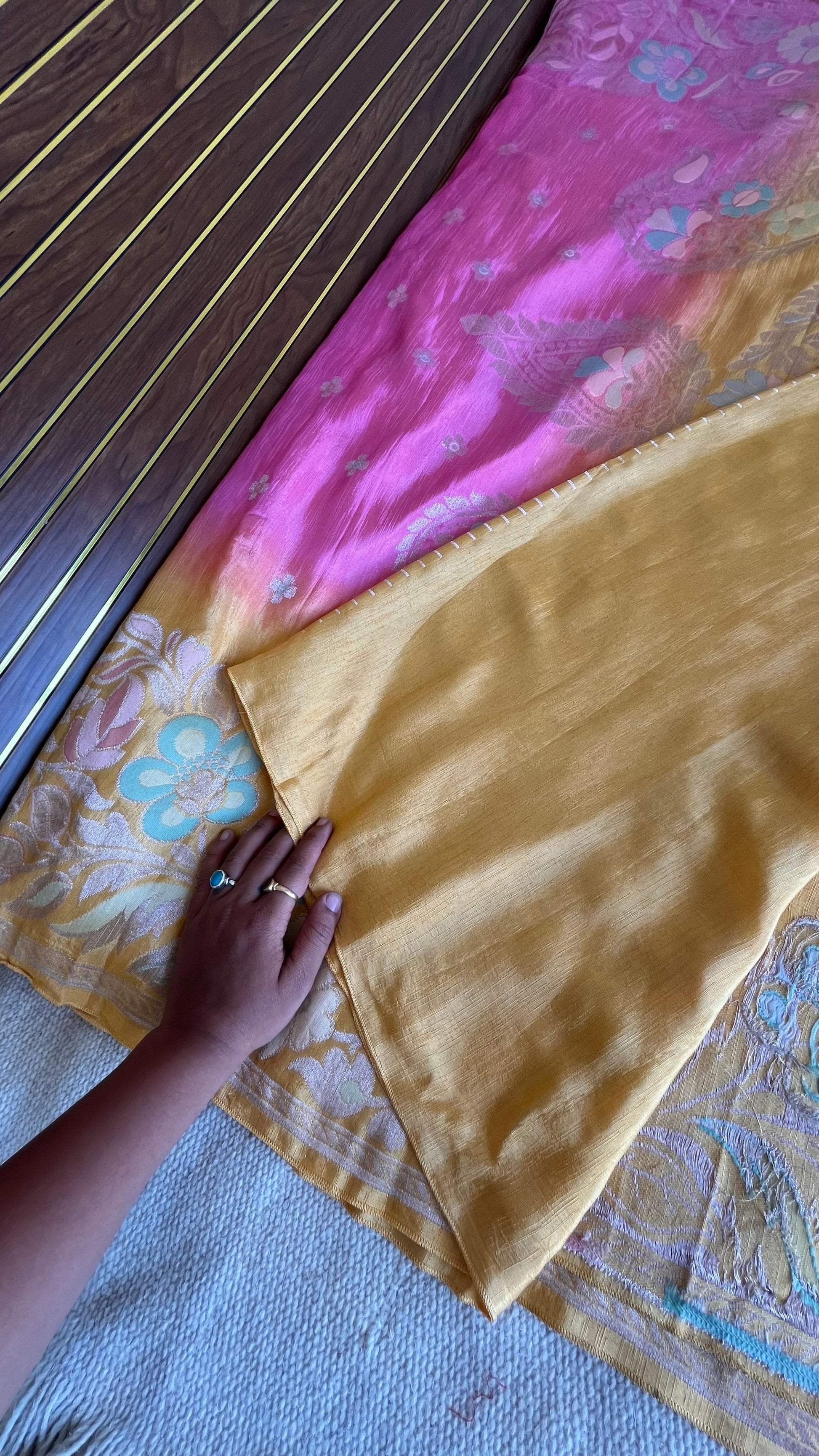 Pink & Sunshine Yellow Ombré Mashru Silk Banarasi Saree