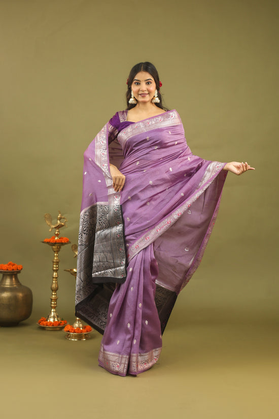 Lavender Pure Tussar Silk Saree with Silver & Black Zari Border