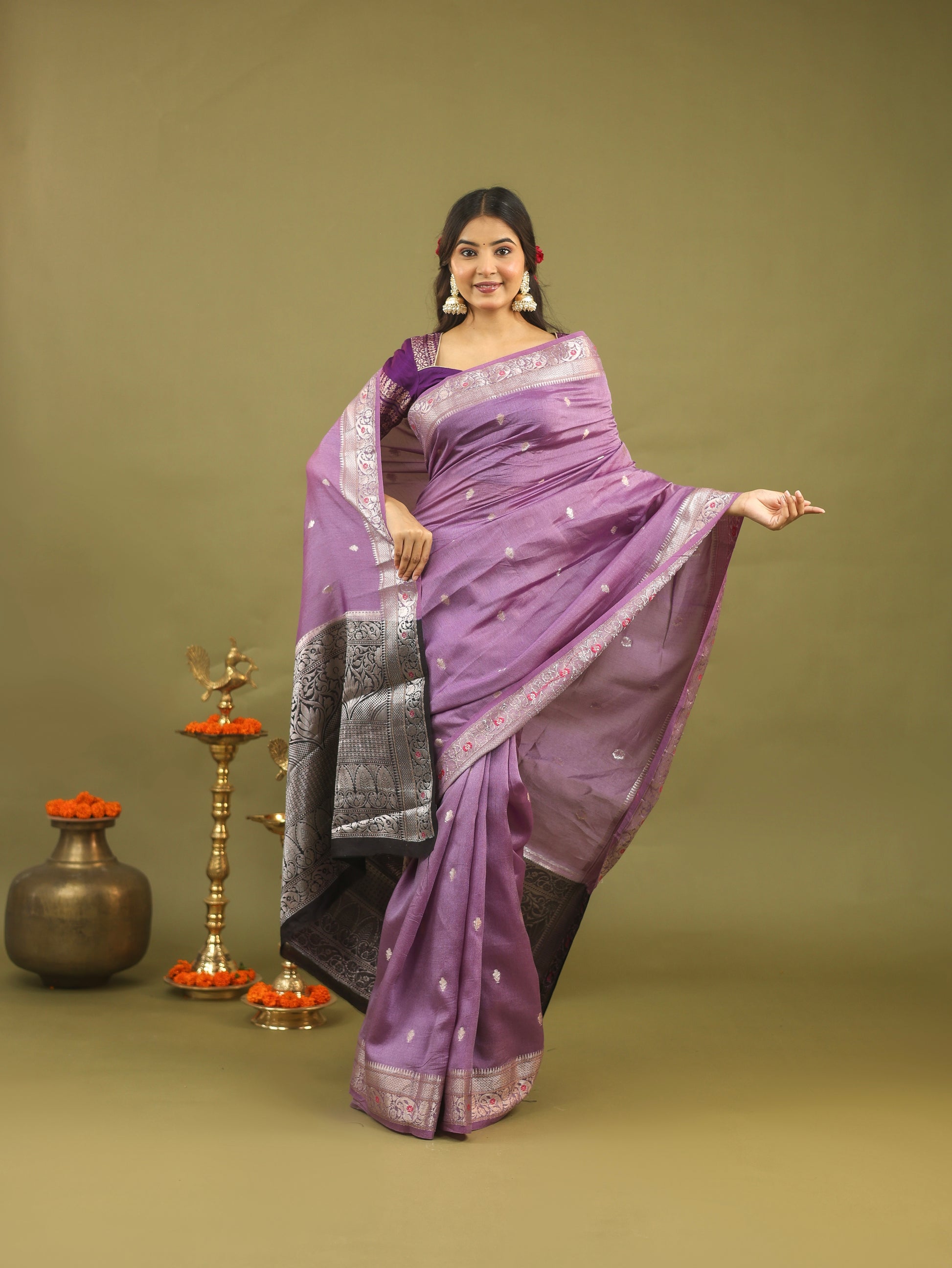 Lavender Pure Tussar Silk Saree with Silver & Black Zari Border