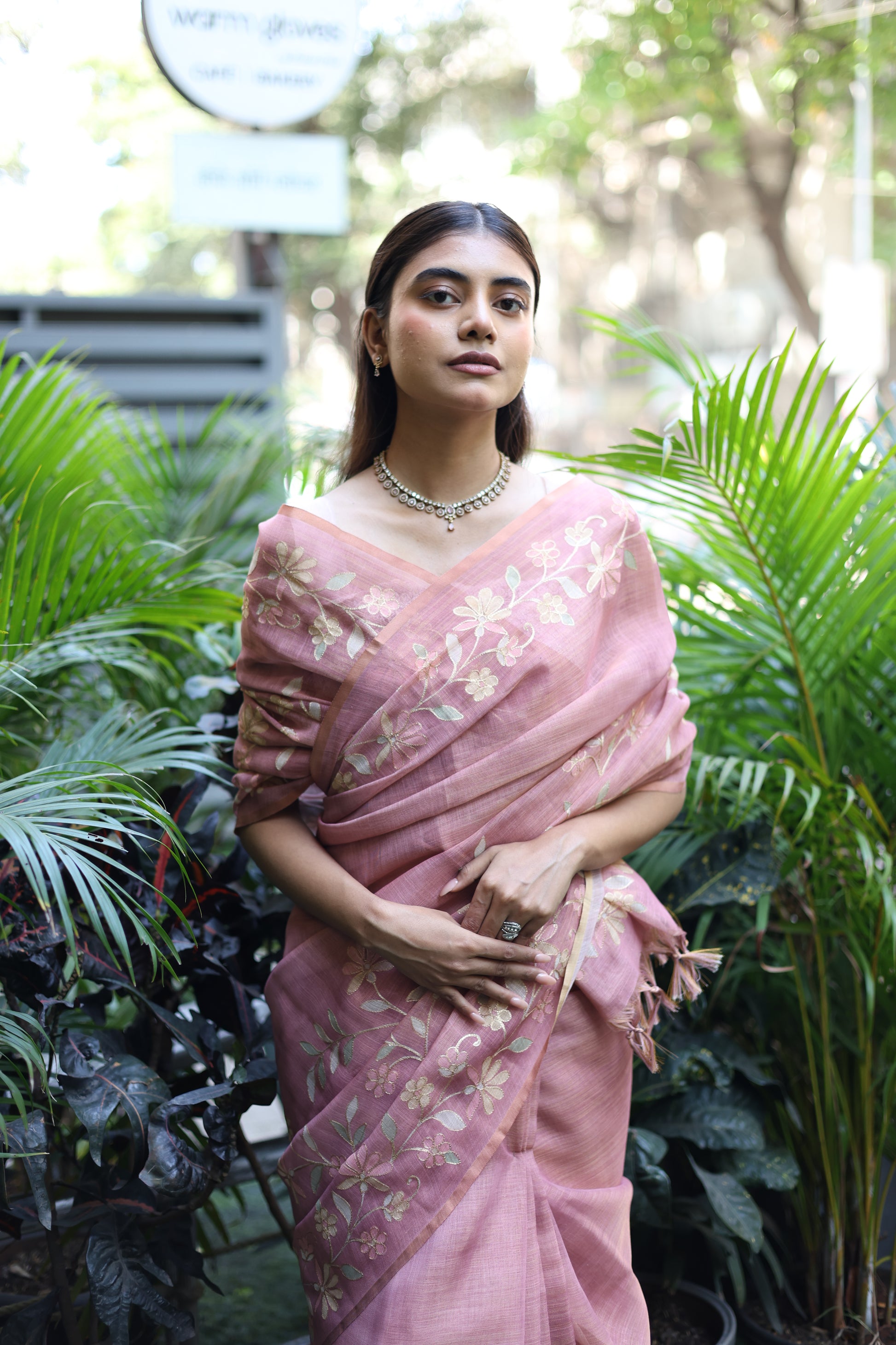 Tissue Linen Saree with Painted Florals & Delicate Aari Work- Blush Pink
