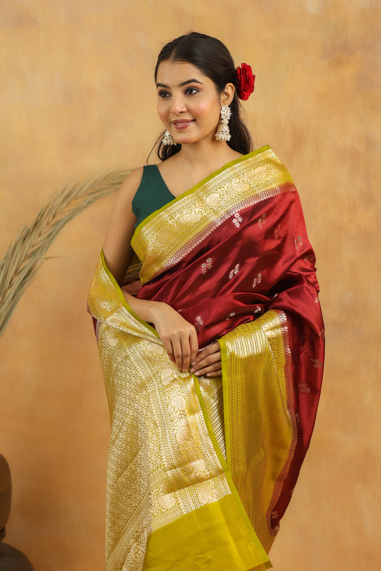 Handwoven Maroon Banarasi Raw Silk Saree with Antique Gold Zari Border