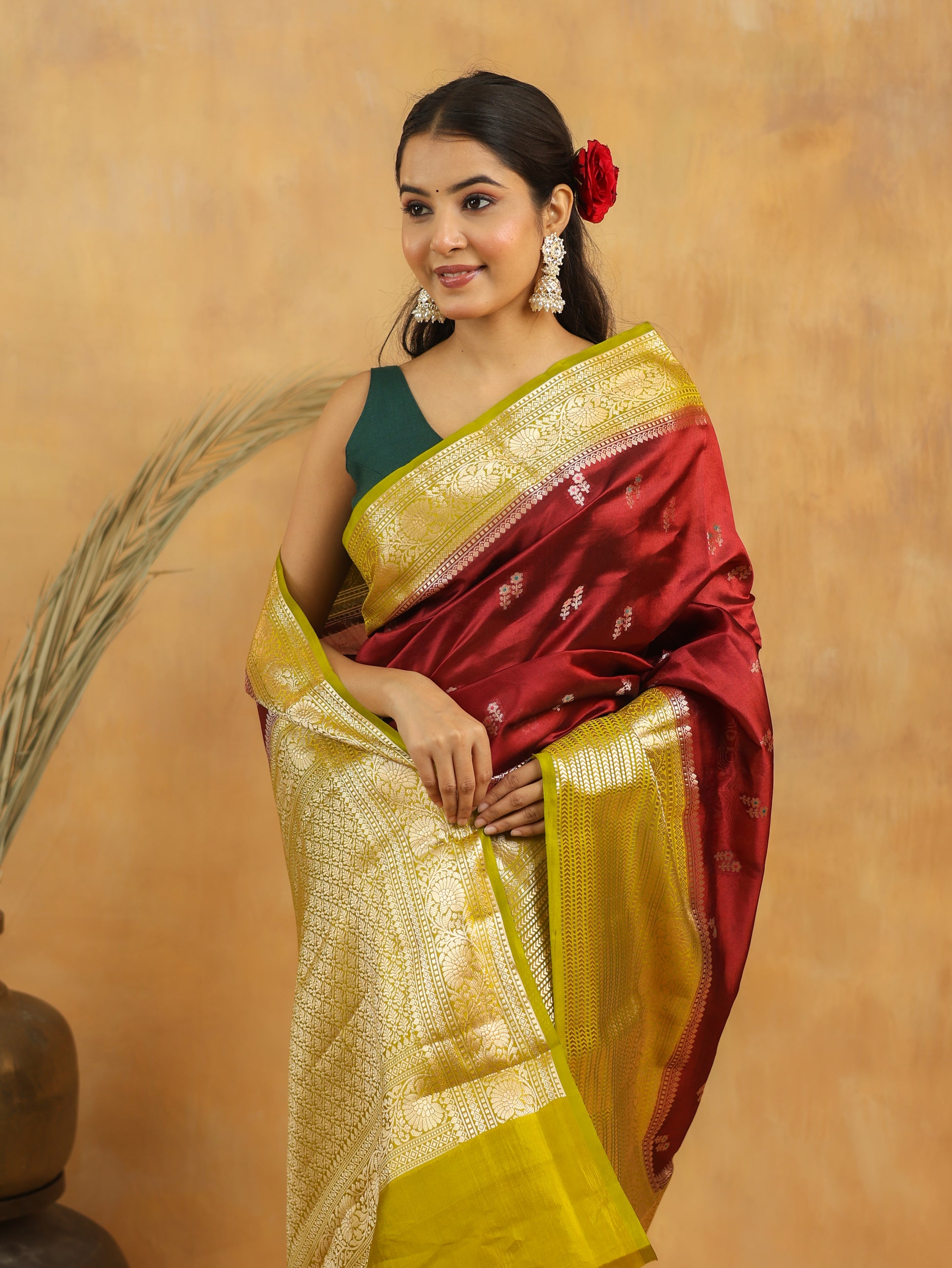 Handwoven Maroon Banarasi Raw Silk Saree with Antique Gold Zari Border