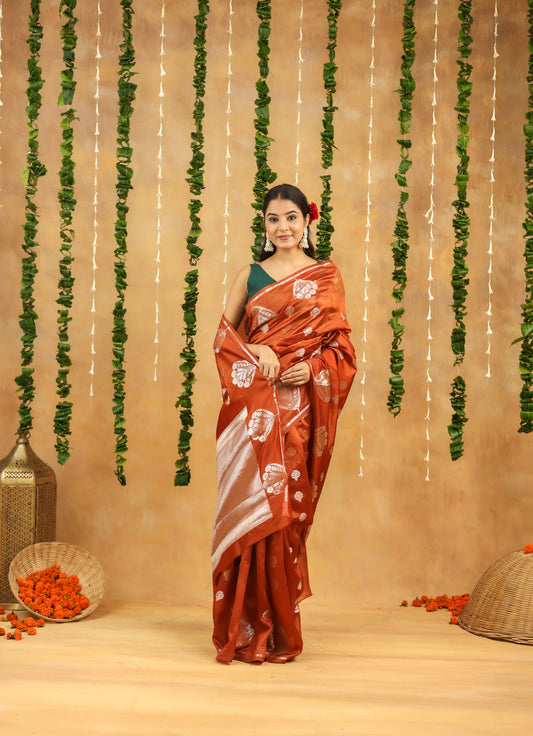 Rust Orange Pure Tussar Silk Saree with Silver Zari Buta & Rich Pallu