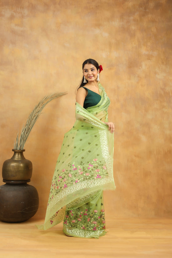 Mint Green Floral Embroidered Organza Saree