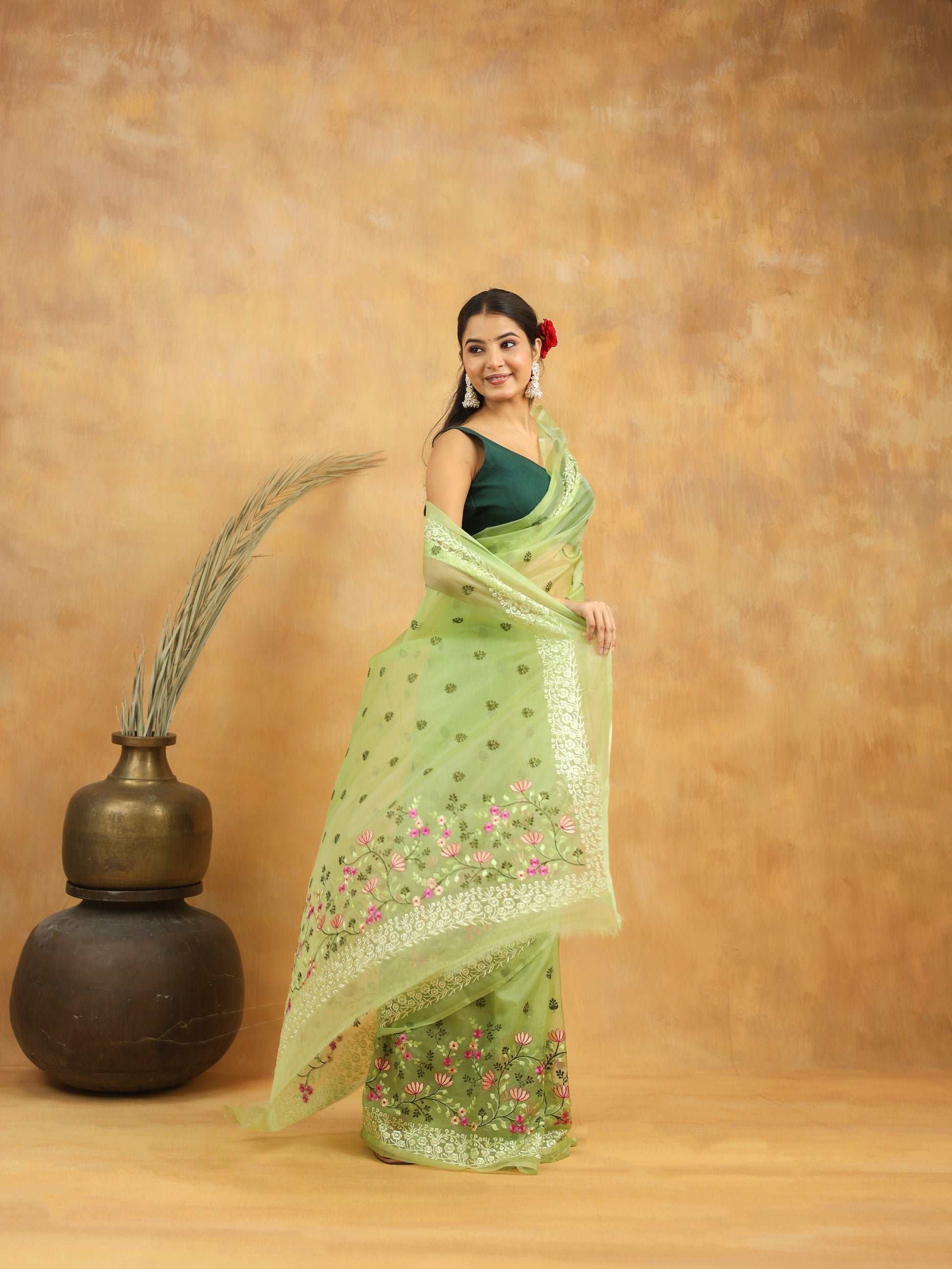 Mint Green Floral Embroidered Organza Saree