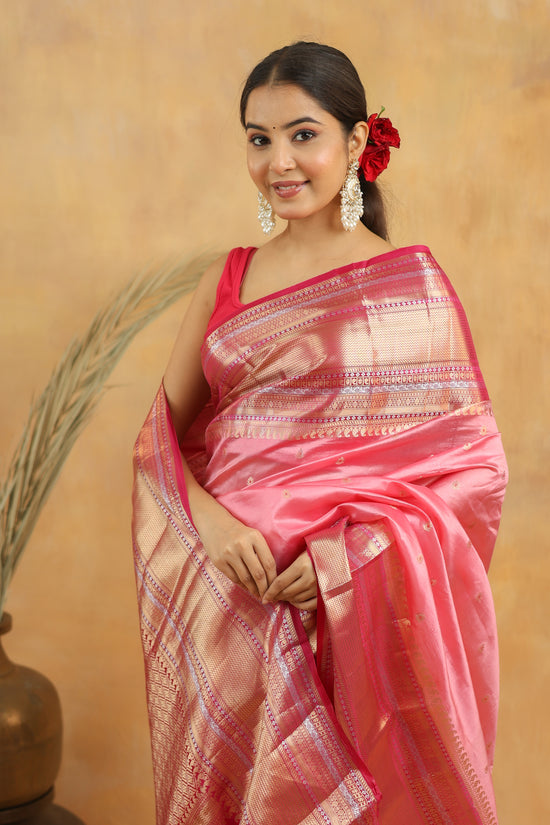 Pure Raw Mango Silk Banarasi Saree in Rose Pink with Gold Zari Border