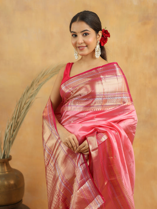 Pure Raw Mango Silk Banarasi Saree in Rose Pink with Gold Zari Border