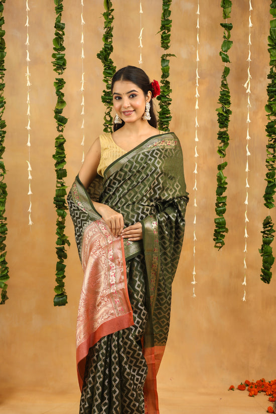Green-Gold Geometric Pure Tussar Silk Saree with Zari Border