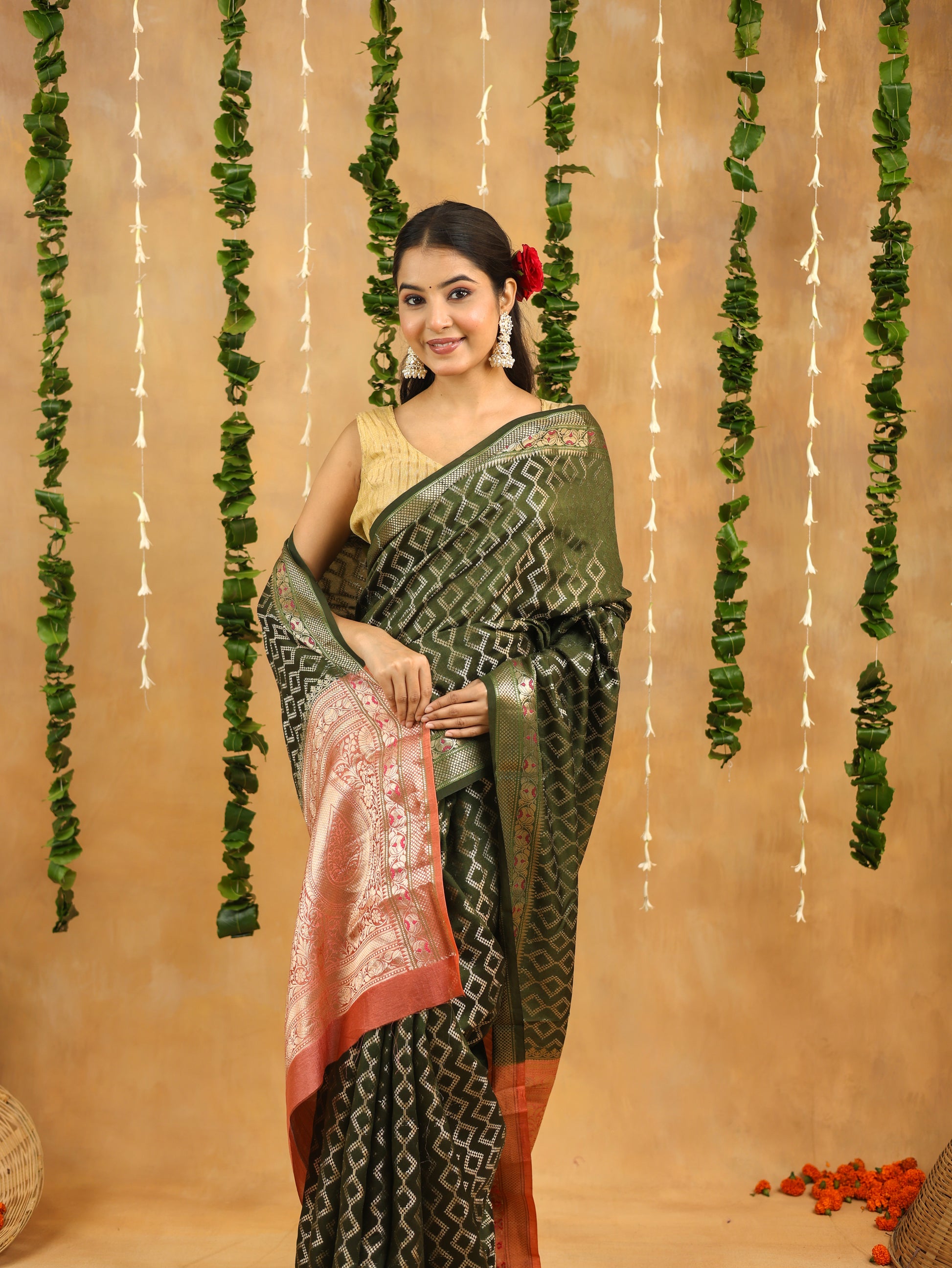 Green-Gold Geometric Pure Tussar Silk Saree with Zari Border
