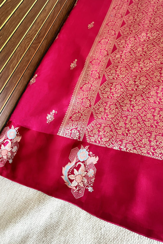 Pure Mashru Border Banarasi Raw Silk Saree- Rani pink