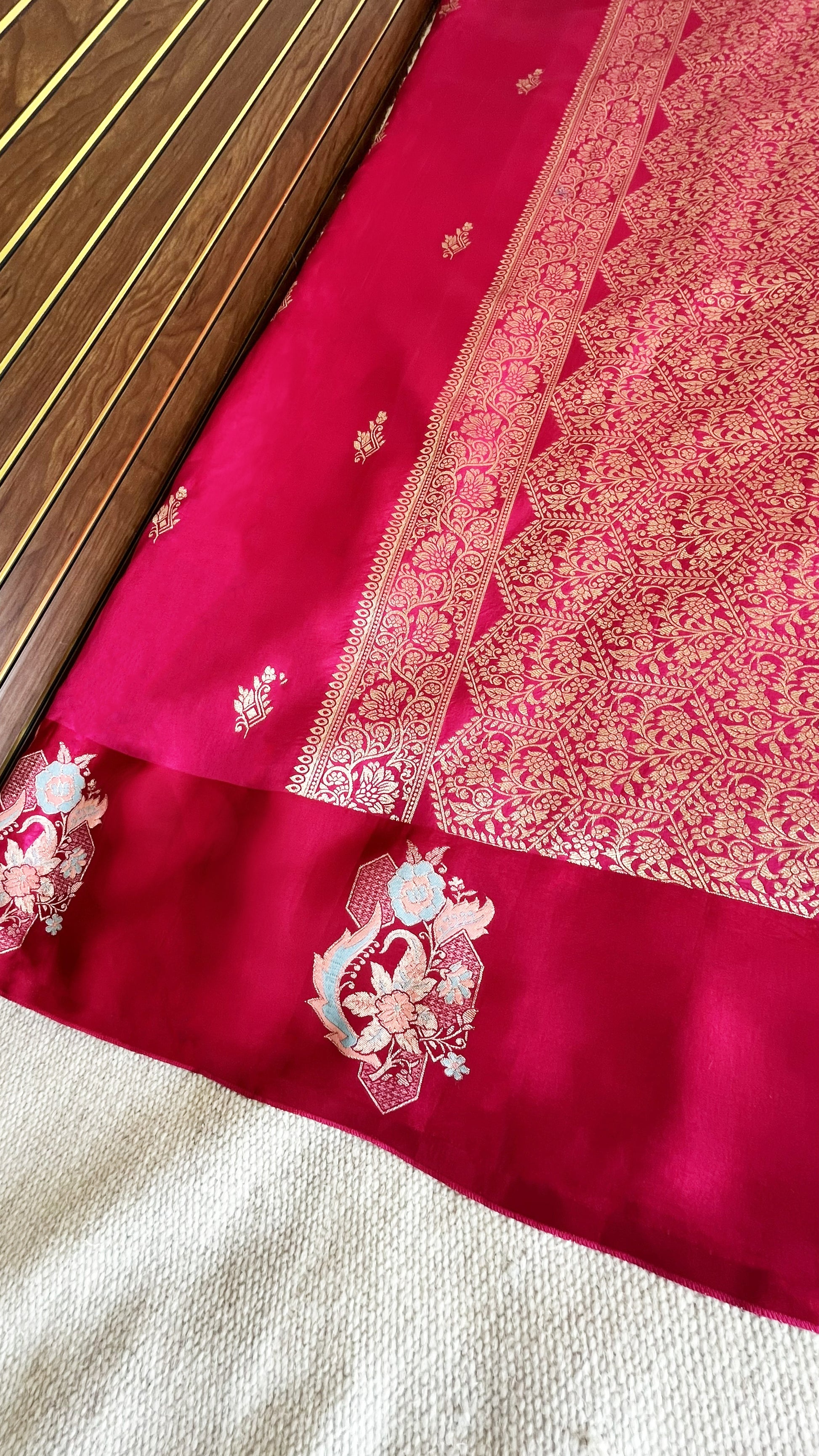 Pure Mashru Border Banarasi Raw Silk Saree- Rani pink
