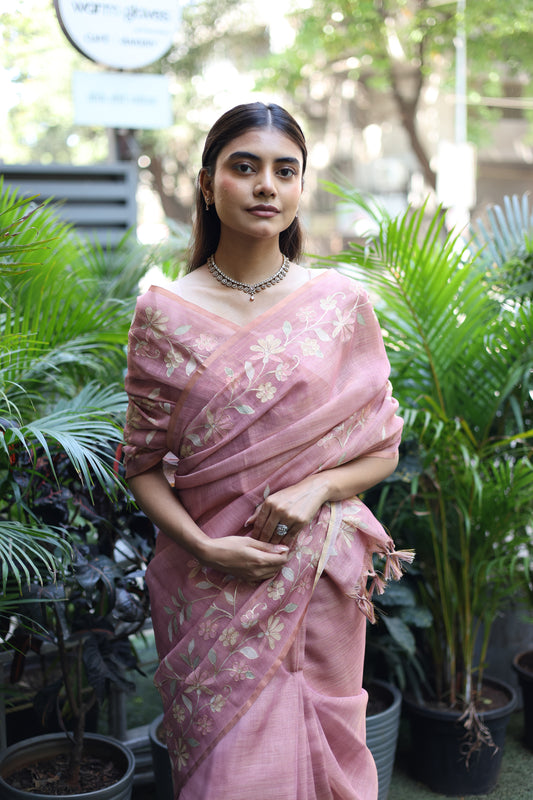 Tissue Linen Saree with Painted Florals & Delicate Aari Work- Blush Pink