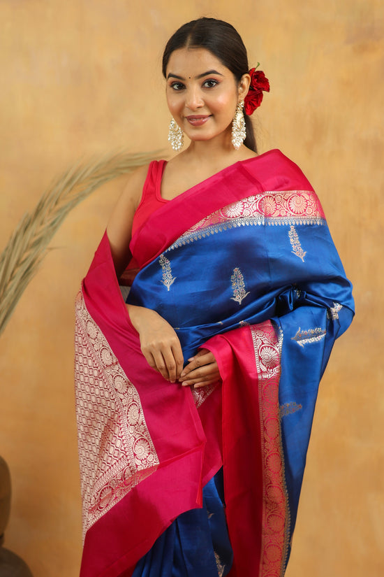 Royal Blue Banarasi Raw Silk Saree with Rani Pink Border and silver zari weaving