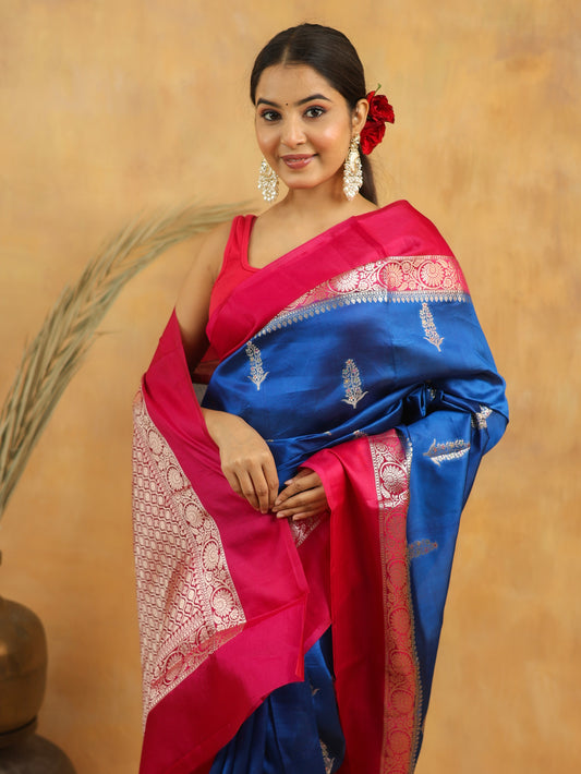 Royal Blue Banarasi Raw Silk Saree with Rani Pink Border and silver zari weaving