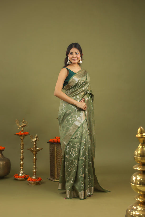 Sage Green Pure Tussar Silk Saree with Silver Floral Zari Motifs & Border