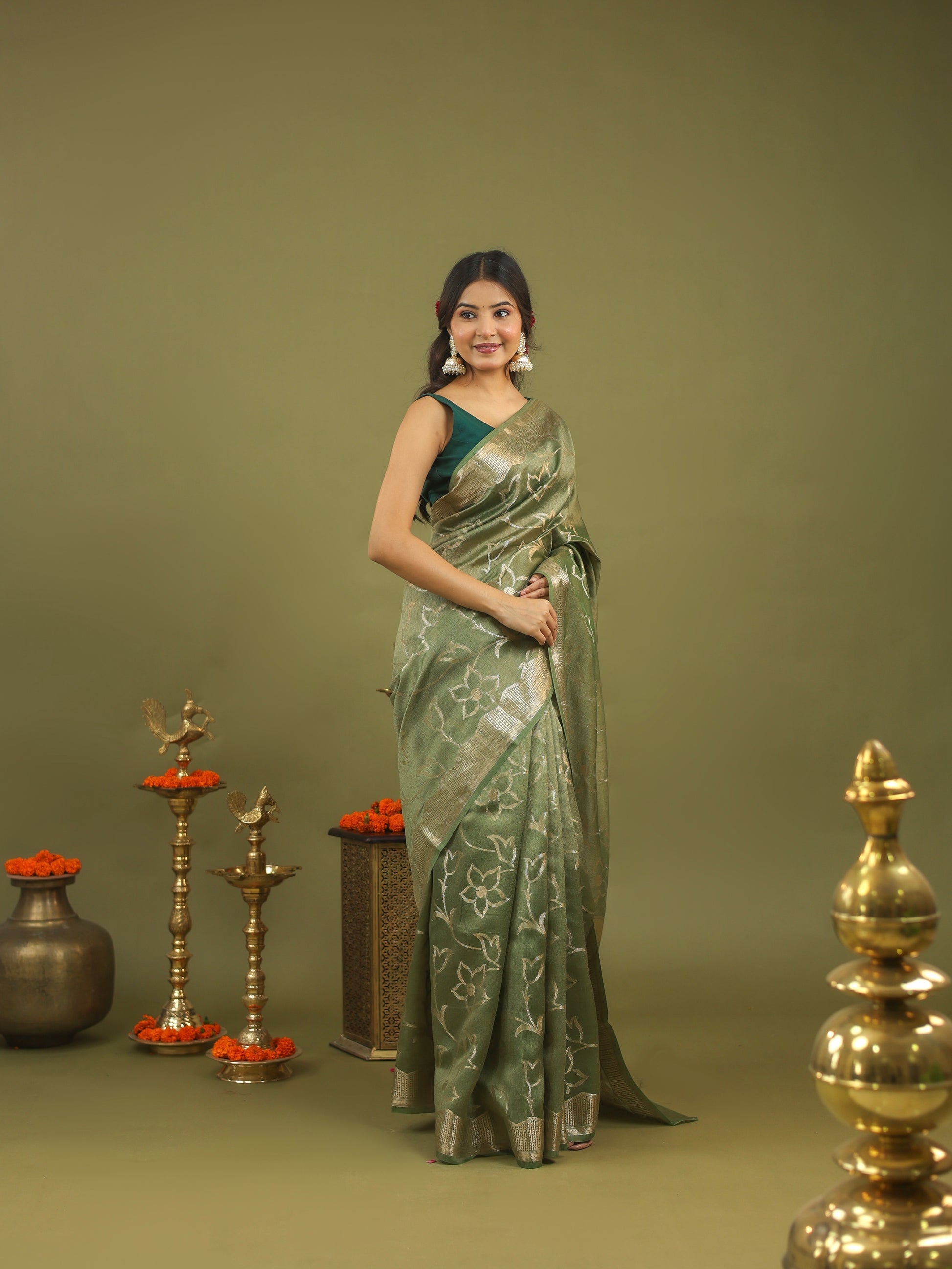 Sage Green Pure Tussar Silk Saree with Silver Floral Zari Motifs & Border