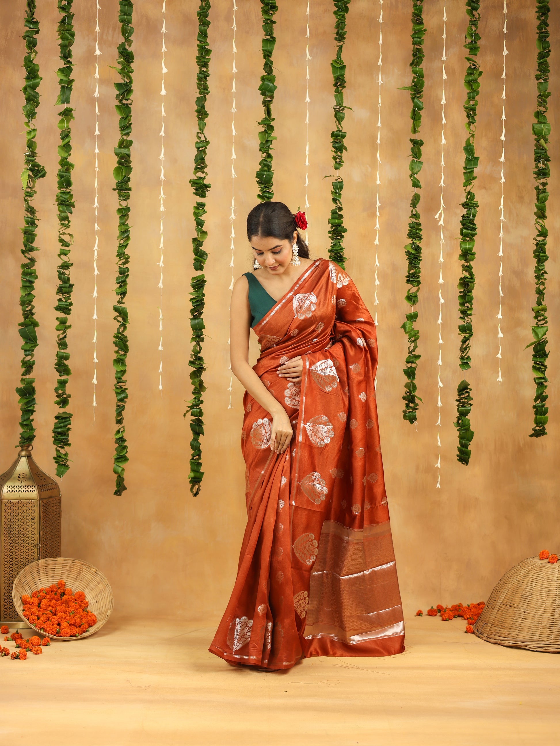 Rust Orange Pure Tussar Silk Saree with Silver Zari Buta & Rich Pallu