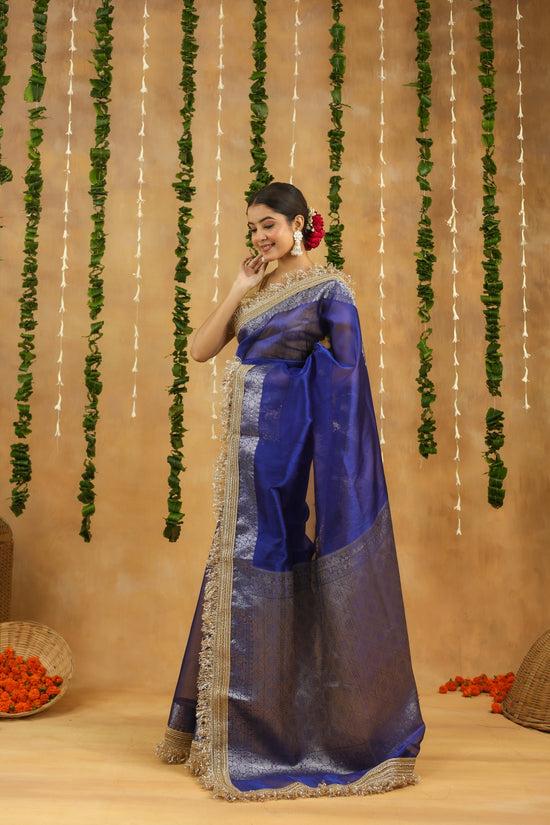 Royal Blue Banarasi Tissue Saree with Silver Zari & Gota Patti Work