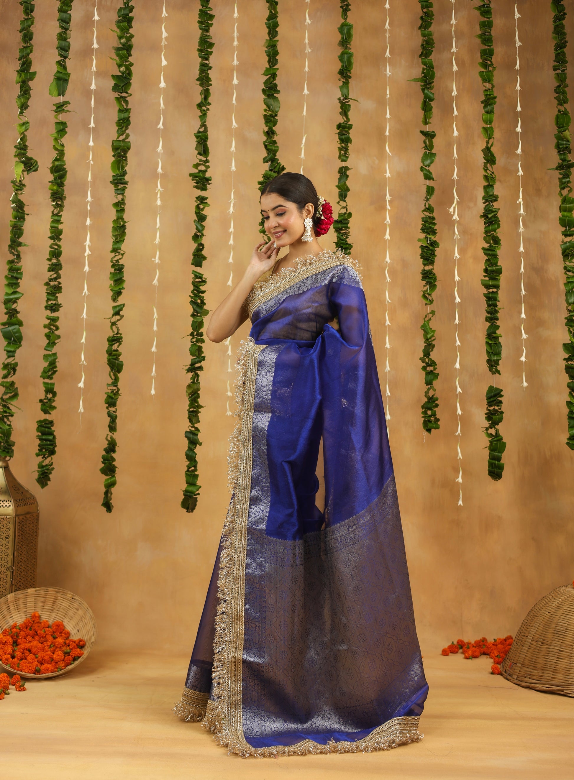 Royal Blue Banarasi Tissue Saree with Silver Zari & Gota Patti Work