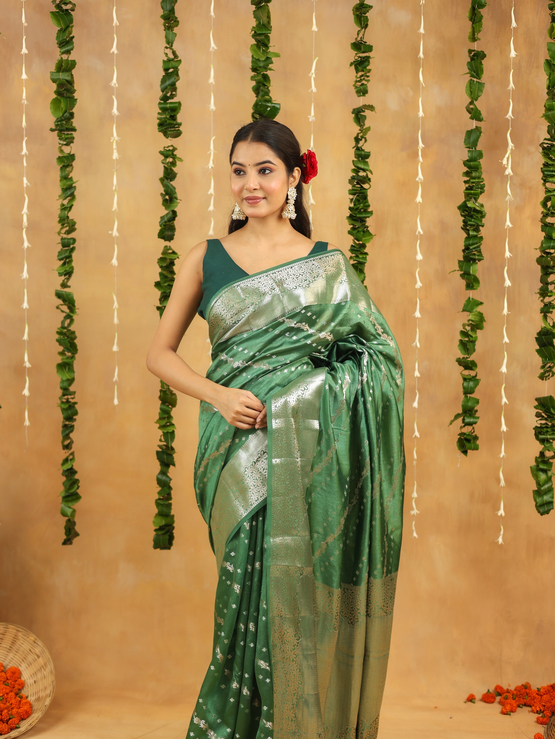 Banarasi Pure Viscose Silk Saree in Forest Green with Silver Zari Border