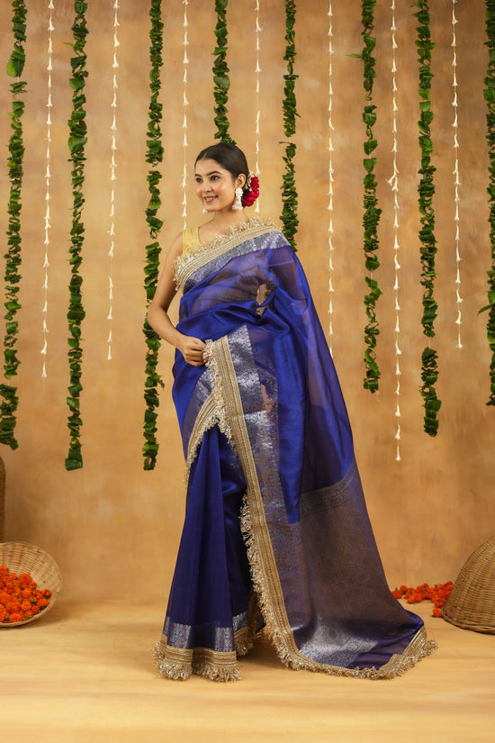 Royal Blue Banarasi Tissue Saree with Silver Zari & Gota Patti Work