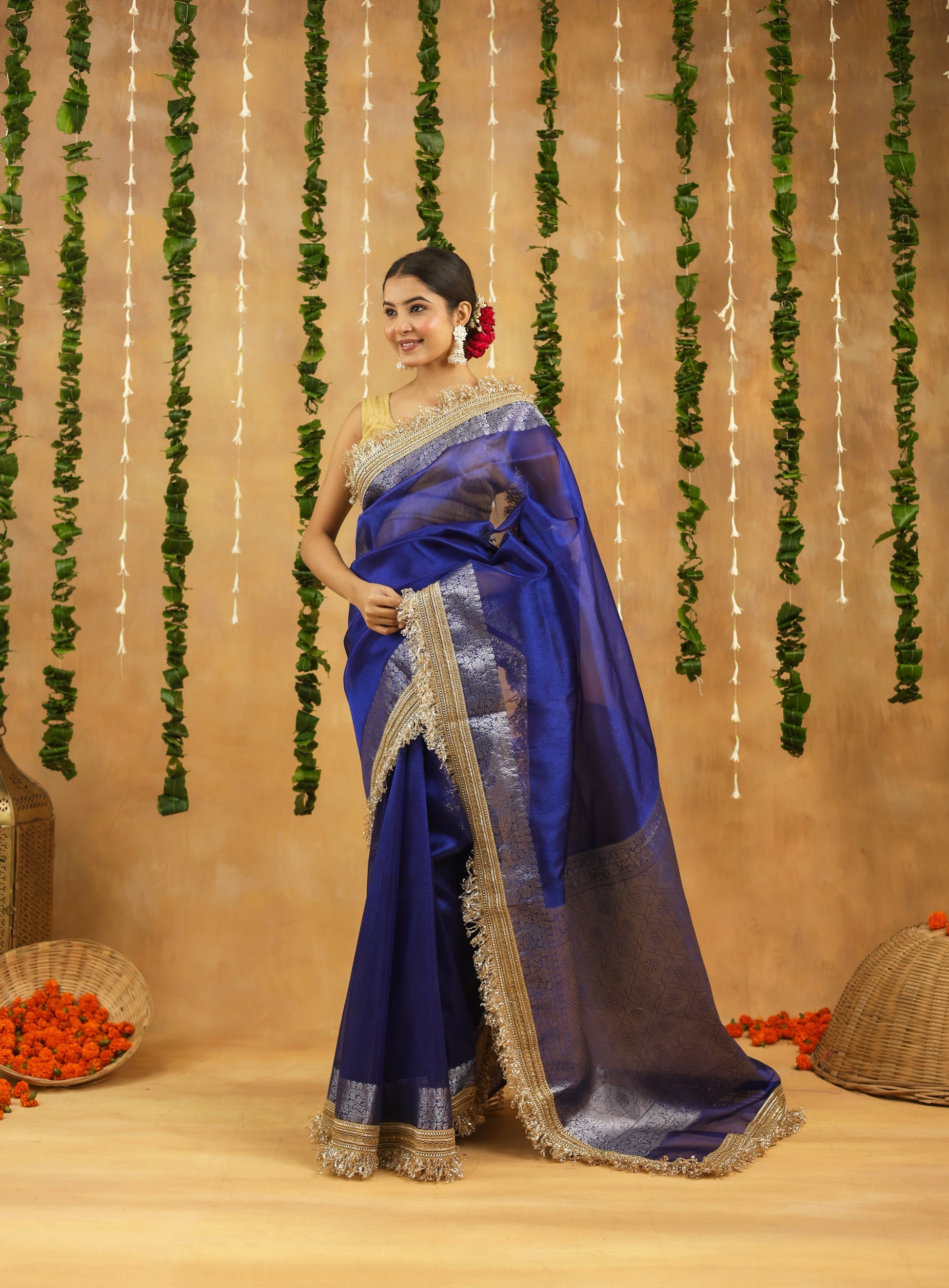 Royal Blue Banarasi Tissue Saree with Silver Zari & Gota Patti Work
