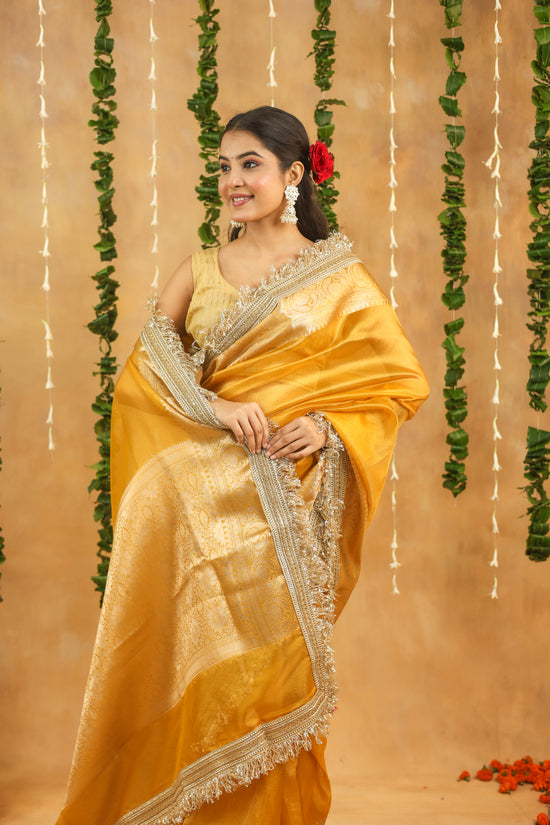Yellow Banarasi Tissue Silk Saree with Gota Patti Work