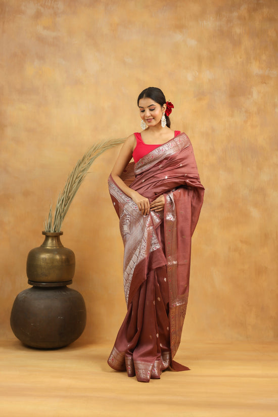 Wine Brown Pure Tussar Silk Saree with Silver Zari Border