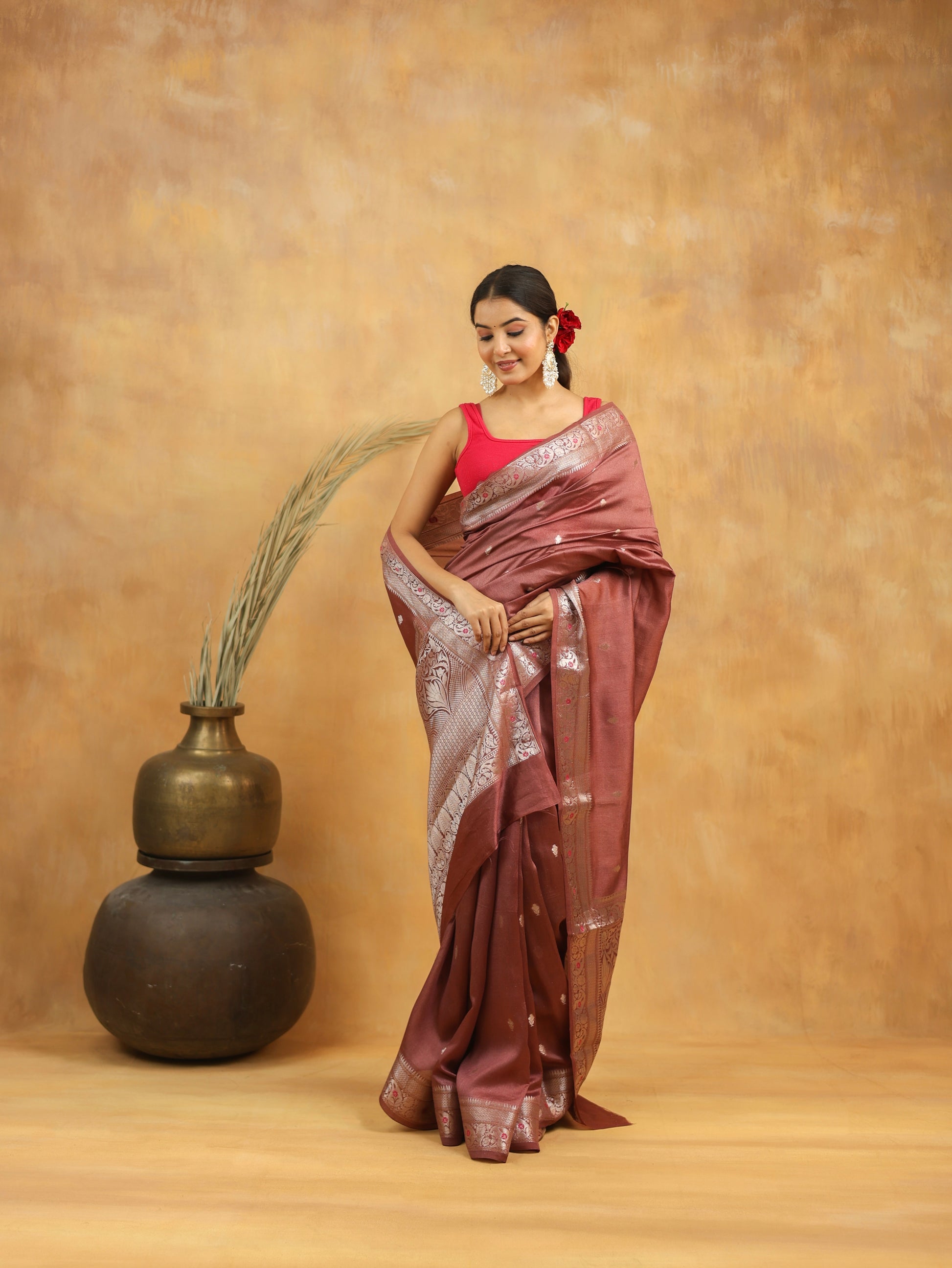 Wine Brown Pure Tussar Silk Saree with Silver Zari Border
