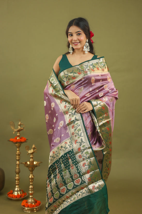 Lavender-Green Banarasi Dupion Silk Saree with Zari & Floral Motifs