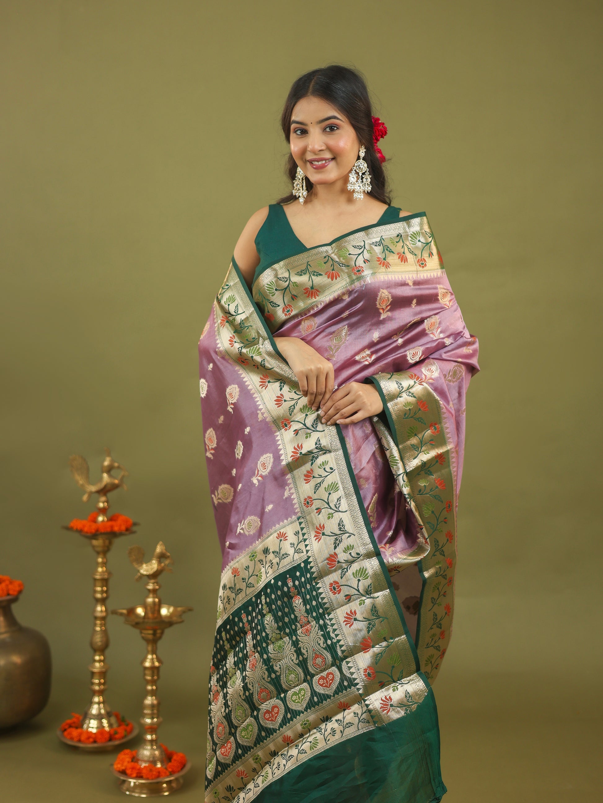 Lavender-Green Banarasi Dupion Silk Saree with Zari & Floral Motifs