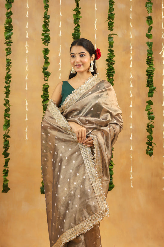 Antique Silver Banarasi Tissue Silk Saree with Polka Motifs