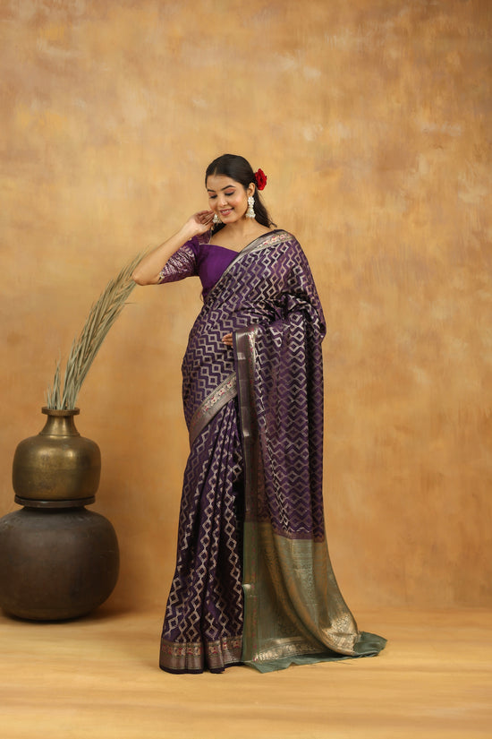 Purple-Green Geometric Pure Tussar Silk Saree with Zari Border