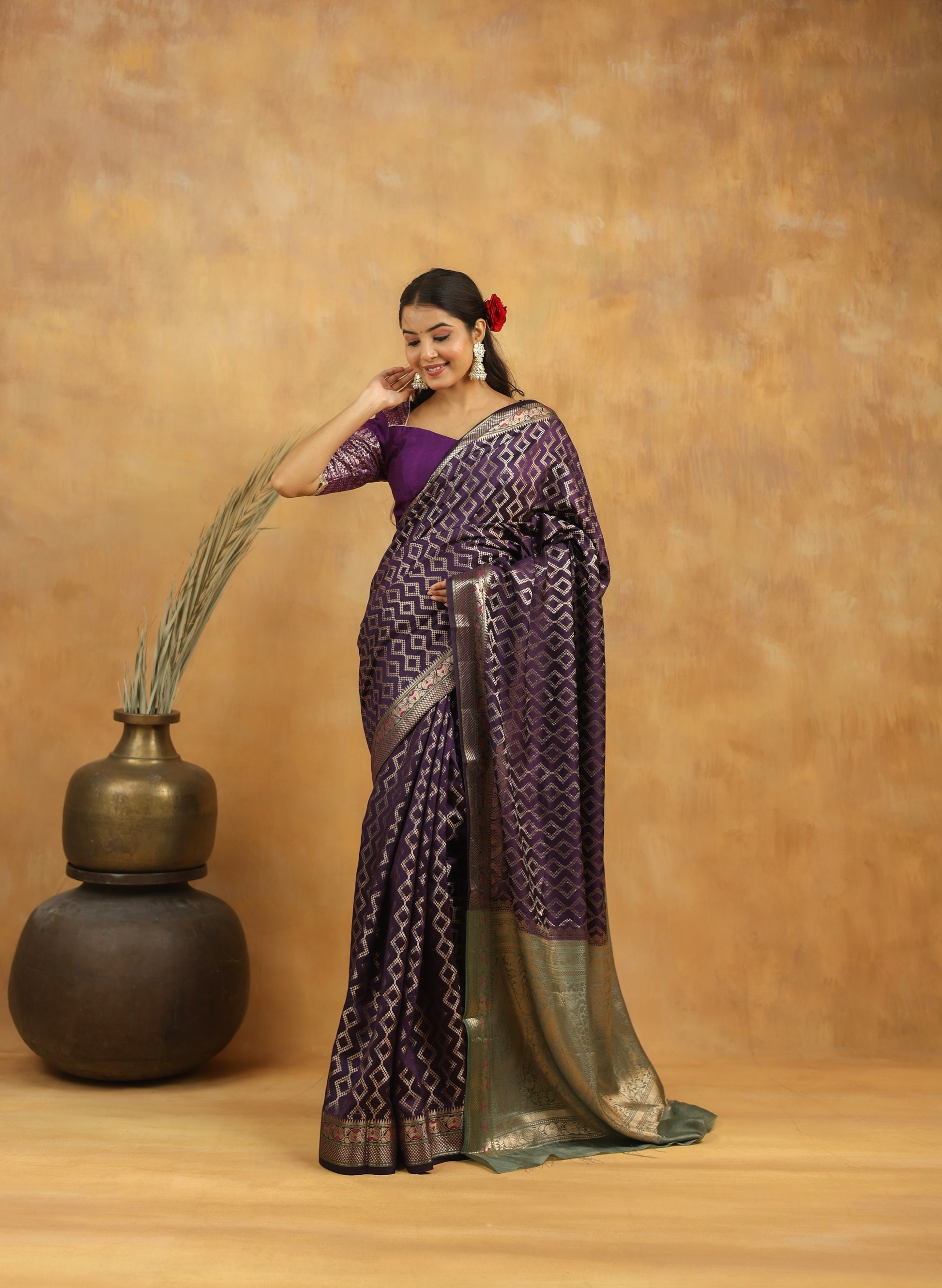 Purple-Green Geometric Pure Tussar Silk Saree with Zari Border