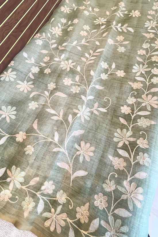 Tissue Linen Saree with Painted Florals & Delicate Aari Work- Parrot Green