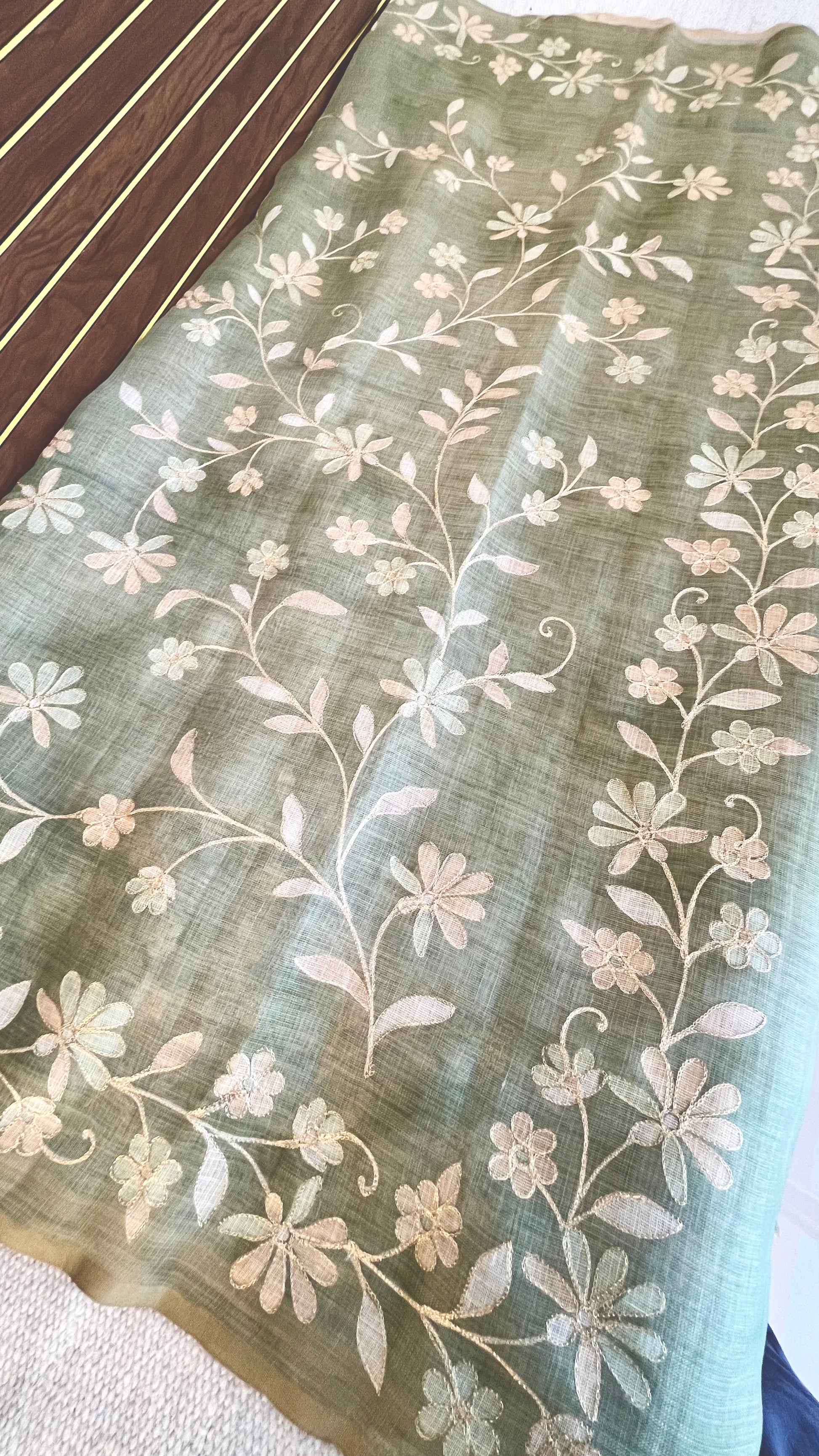 Tissue Linen Saree with Painted Florals & Delicate Aari Work- Parrot Green