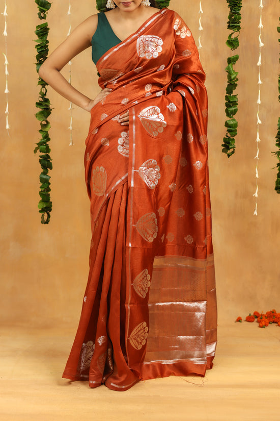 Rust Orange Pure Tussar Silk Saree with Silver Zari Buta & Rich Pallu