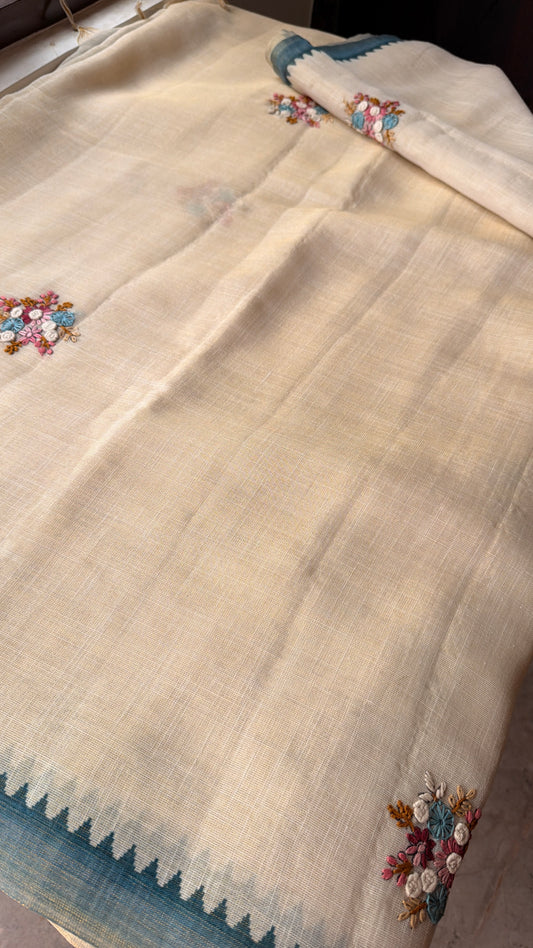 Premium Tissue Linen Sarees - Half
White and Blue