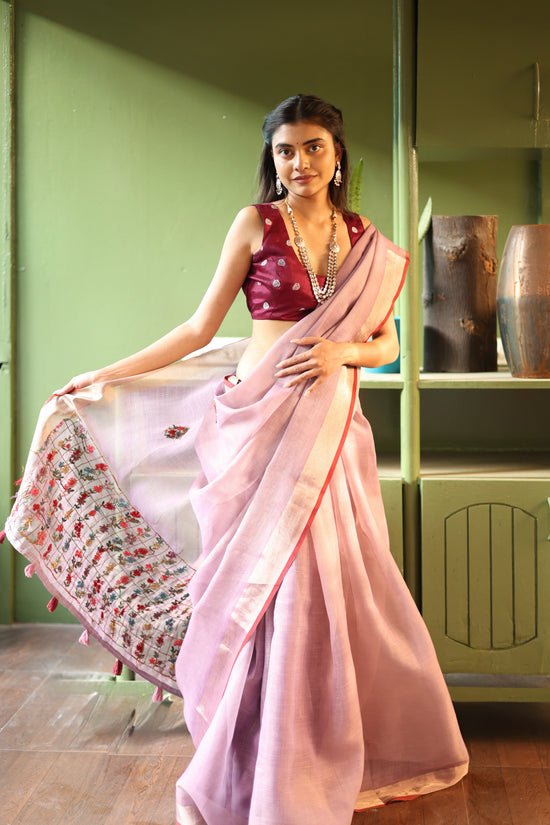 Premium Tissue Linen Sarees with Hand Embroidery- Blush Lilac